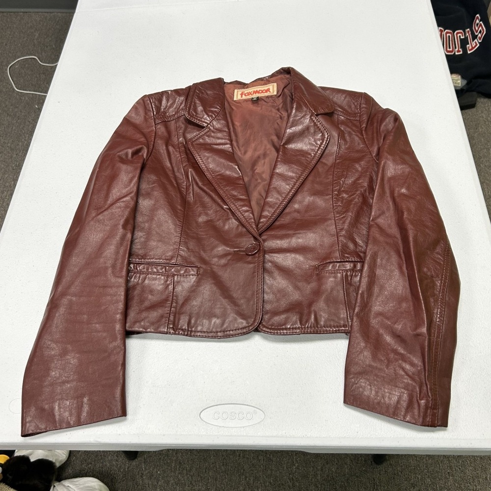Foxmoor Leather Blazer Womens 11-12 Burgundy Cropped Single Button Jacket